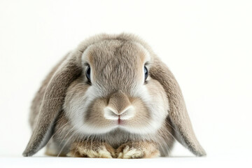 Rabbit with ears back and head down, looking shy and gentle, isolated on a clean white background with bright, soft lighting creating a simple and adorable composition