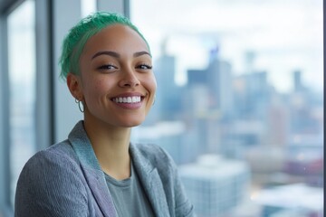 close-up portrait of happy, cofident lesbian businesswoman with green hair, in office with large windows 