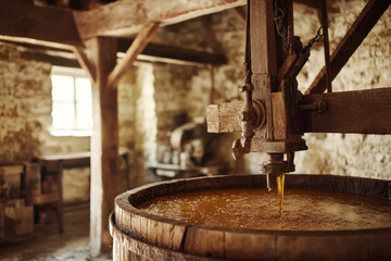 Traditional olive press extracting oil in a rustic old-world workshop, surrounded by wooden beams and stone walls under soft, diffused lighting for a classic and authentic scene