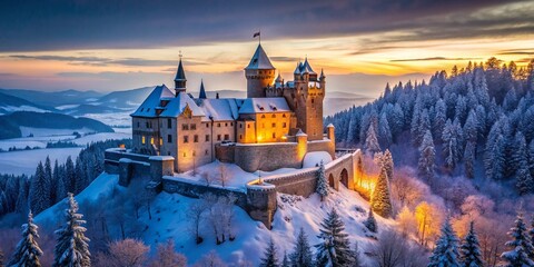 Winter castle on the mountain. An ancient castle covered with snow. 