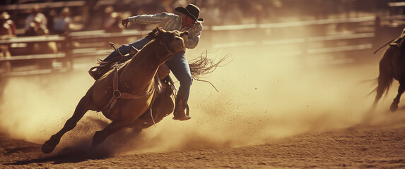 Cowboy on Horseback Kicking Up Dust in Rodeo Arena