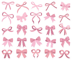 Vector Illustration of pink vintage bows. Girly hair decor, flat icon. Ribbons isolated. Trendy girls accessories. Cute hairstyle elements collection. Simple hand drawn bow collection. Bowknot for dec