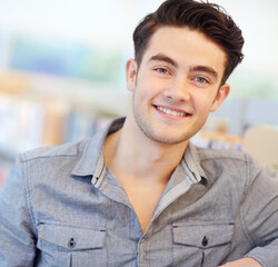 Portrait, student and man in library, smile and college with knowledge, scholarship and academy....