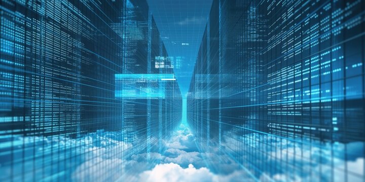 Blue digital matrix environment with cloudscape background, tranquil, dramatic scene, moody atmosphere, sharpened details, technology concept, computer generated image, interface design, hardware