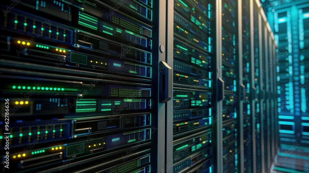 Poster server room interior with rows of data servers in blue-lit facility. high-tech equipment including m
