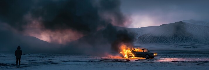 Solitary figure stands facing away from burning car in desolate snowy plain at dusk. Dark sky looms above as smoke and flames engulf vehicle. Distant mountains fade into horizon.