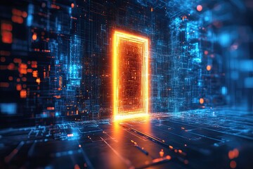 Obraz premium Future door in abstract digital cyberspace
