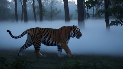 Fototapeta premium A sense of awe and mystery envelops the scene as a majestic tiger emerges from a thick shroud of early morning fog in the forest. 