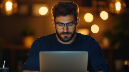 A man with glasses and a beard, focused on working on his laptop in a cozy home office, illuminated by warm lighting and bokeh lights.