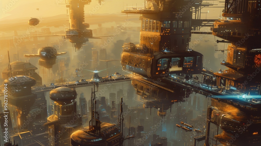 Poster a breathtaking digital representation of a futuristic cityscape featuring floating structures illumi