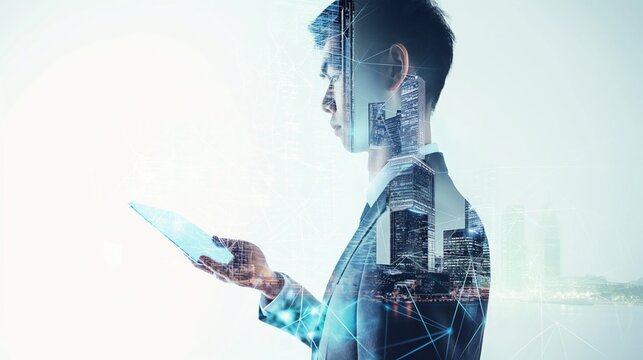 Businessman in IT world, double exposure collage with a man and modern city, male uses digital tablet PC or gadget.