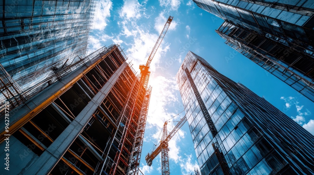 Wall mural a view of construction cranes amidst tall buildings under a bright sky.