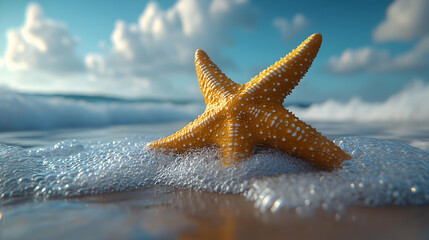 Starfish on the Beach with Foamy Water and Clouds Illustration