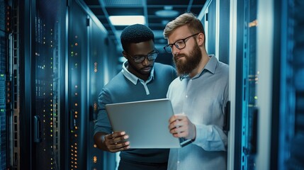 Two male colleagues work together in a data center. One is an IT technician with a beard wearing glasses and a black colleague uses laptop near server racks.