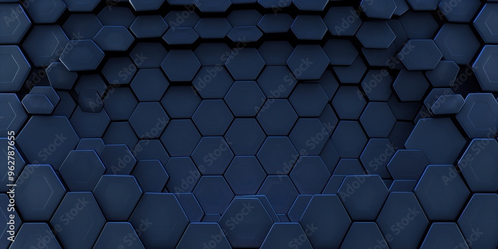 Poster dark blue hexagonal background texture features radial center space with 3d illustration elements. g