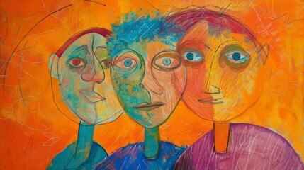 Fototapeta premium A surreal abstract painting of three faces with exaggerated features and vivid colors. The artwork blends elements of fantasy and reality, creating a captivating and thought-provoking visual