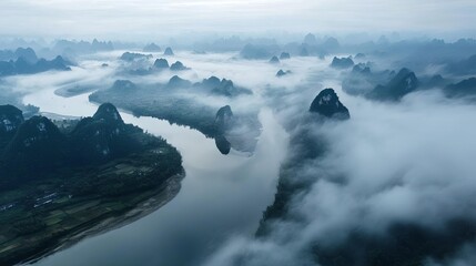 Aerial Panorama of Li River Winding Through Guilin’s Karst Scenery, Mist-Shrouded for an Ethereal and Empty Aura