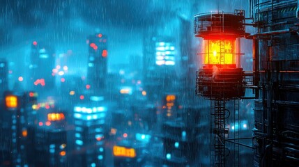 Fototapeta premium A darkened cityscape with a single glowing emergency beacon atop a building symbolizes a citywide crisis, creating a dramatic and atmospheric scene that captures the urgency of the moment.