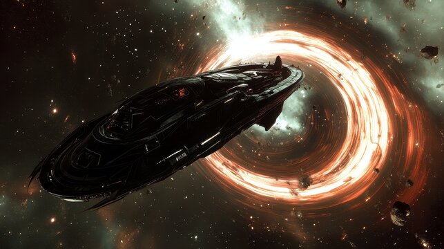 Futuristic Spaceship Traveling Through a Wormhole in Deep Space with Asteroids