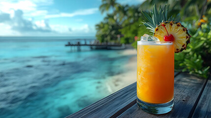 Tropical Pineapple Cocktail with Ocean View Illustration