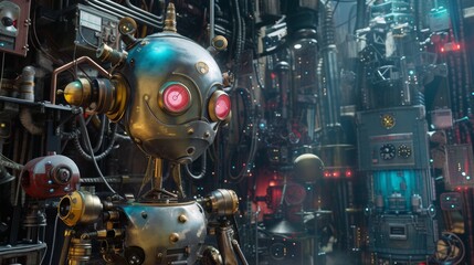 A retro-futuristic robot with glowing red eyes stands in a high-tech laboratory filled with advanced machinery. The vintage design combined with modern technology creates a unique and captivating