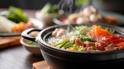 A shabu-shabu pot with simmering ponzu broth and various ingredients.