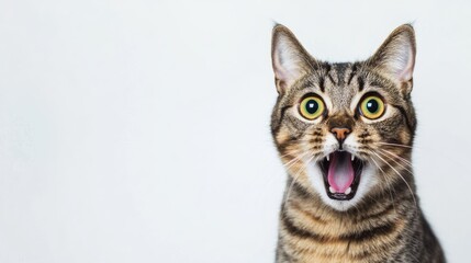 Fototapeta premium A surprised cat displays its wide eyes and open mouth, capturing a moment of shock. The plain white background enhances its expressive features and personality