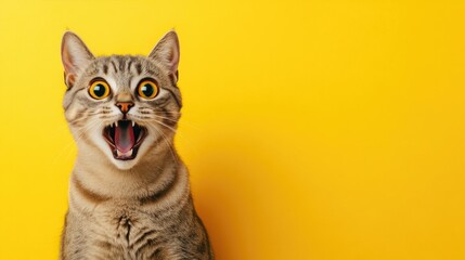 A gray cat appears shocked with wide eyes and an open mouth, set against a vibrant yellow background that leaves space for adding playful text