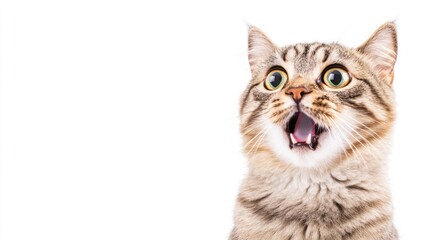 A startled cat with large eyes and an open mouth sits on a clean white background, conveying surprise and curiosity, ideal for creative text overlay