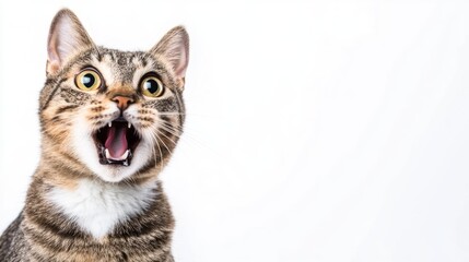 Obraz premium A surprised cat with an open mouth and wide eyes stands against a simple white backdrop, perfect for captions or designs emphasizing shock or curiosity