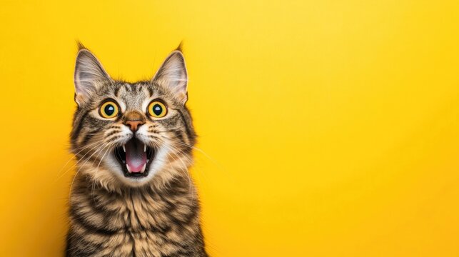 A surprised cat with wide eyes and an open mouth looks astonished against a bright yellow backdrop, creating a fun and playful atmosphere perfect for captions