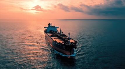 Fototapeta premium An oil tanker navigates the open sea at dusk, its silhouette highlighted by the vibrant colors of the setting sun, creating a tranquil atmosphere
