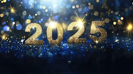 The shiny inscription 2025 stands out against a dark blue background, surrounded by sparkles that enhance the festive atmosphere, perfect for New Year celebrations