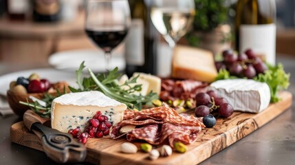 A rustic wooden charcuterie board overflowing with cheeses, meats, fruits, and pistachios.