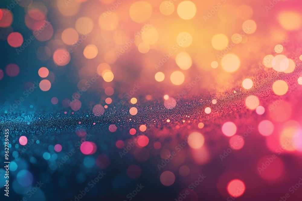 Poster abstract bokeh background with colorful blurred lights on a glittery surface.