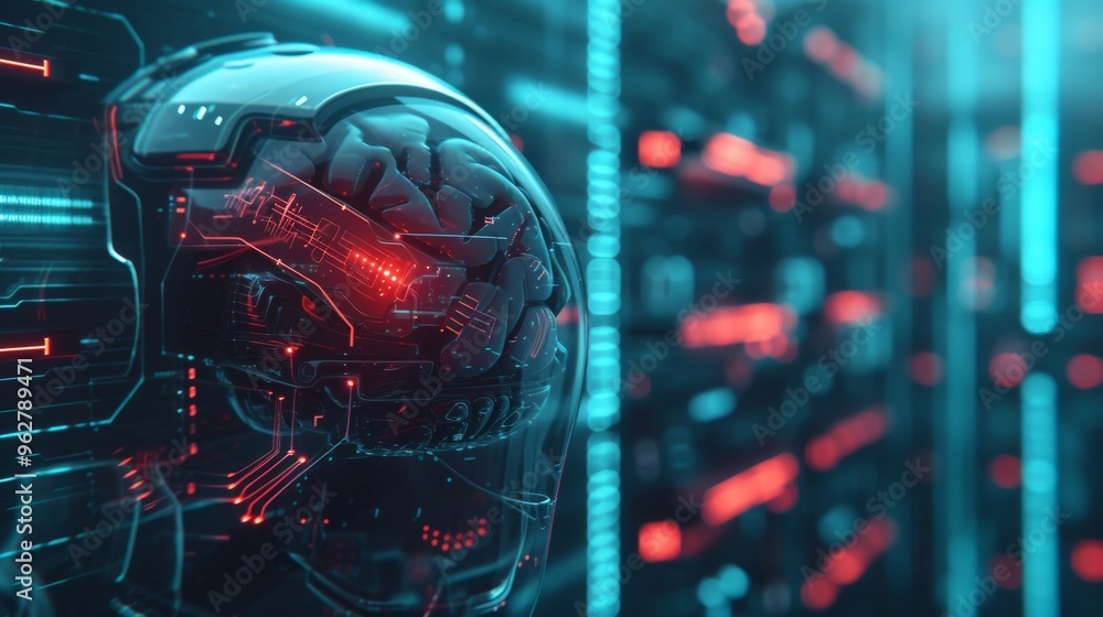 Poster close-up of a futuristic robotic brain encased in a transparent helmet, connected to a digital inter