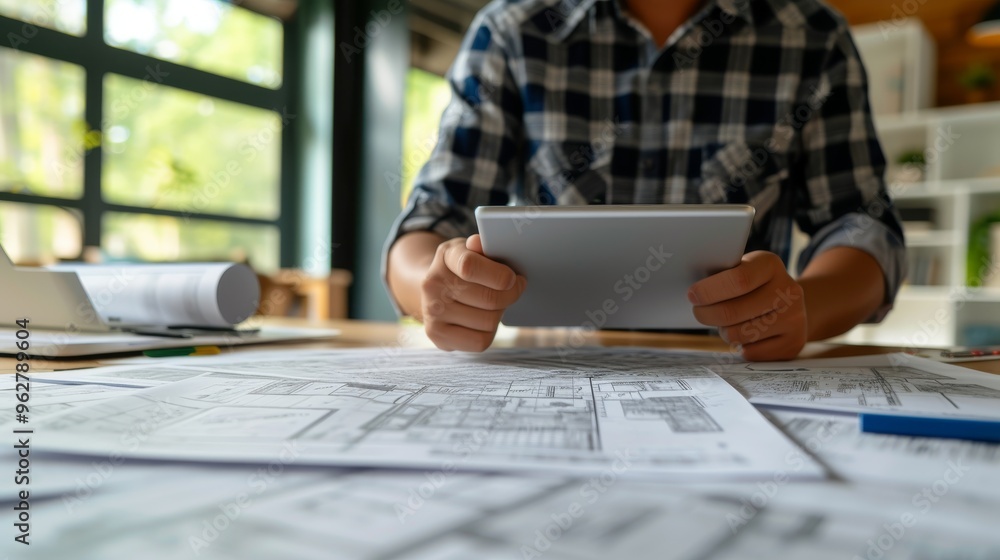 Poster an architect in casual attire reviews blueprints on a desk using a digital tablet. the scene combine