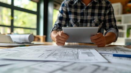 Fototapeta premium An architect in casual attire reviews blueprints on a desk using a digital tablet. The scene combines traditional paper plans with modern digital tools, emphasizing a blend of old and new methods in