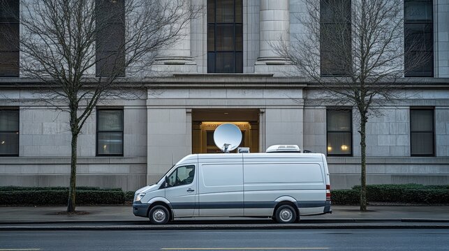 A white satellite van parked beside a building, likely for broadcasting or communication purposes.