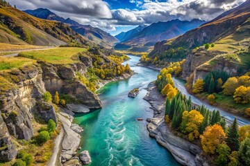 Stunning Aerial View Of The Crystal-Clear Kawarau River Meandering Through A Rugged Mountainous Canyon In New Zealand.