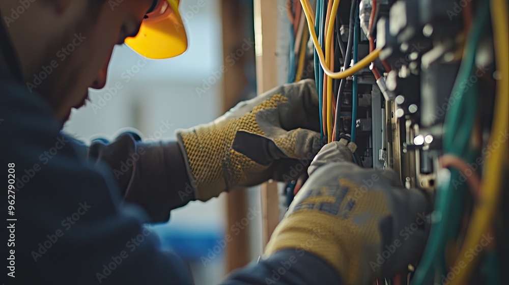 Poster a worker in a hard hat and gloves is installing electrical components on a panel.