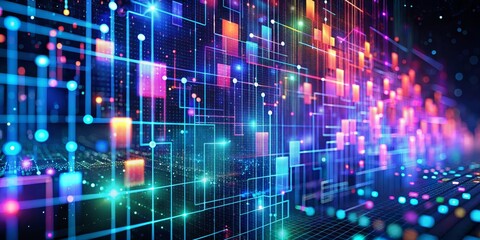 Abstract Digital Network with Bright Colors and Glowing Lines, Abstract, Technology, Network, Digital