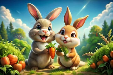 Two rabbits sit together in harmonious friendship, one grasping a fresh carrot and the other leaning in with