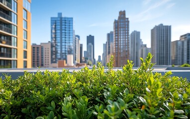 Urban Oasis: Lush Green Rooftop Garden Amid City Skyline - Photo-realistic Painting of Sustainable Urban Agriculture