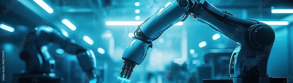Poster robotic arm in a high-tech industrial environment, showcasing advanced automation and precision engi