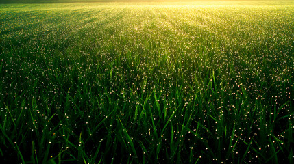 field of fresh green grass with glistening dew, capturing the crisp morning atmosphere