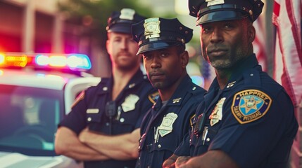 Three Police Officers Standing In Front Of A Police Car