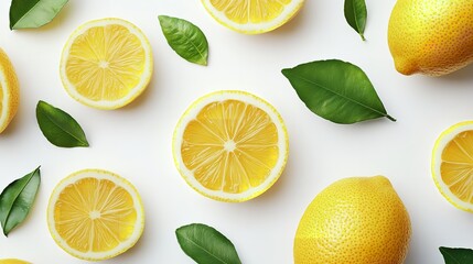 Pattern of lemons, lemon leaves and slices of lemon on a white background