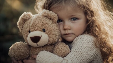A young child with curly hair hugs a teddy bear, conveying warmth and innocence.