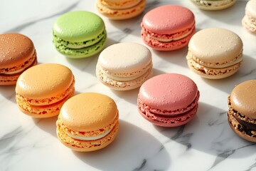 Obraz premium A variety of colorful macarons neatly arranged on a white marble surface with subtle shadows
